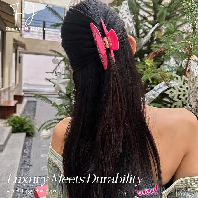 Personalized Colorful Name Hair Claw Clips for Women,Custom Hair Clips with Diamond,Cute Hair Accessories 4",Handmade Rhinestones Hair Clamp Gifts for Mom,Bride,Wife,Bridesmaid（Neon Pink）