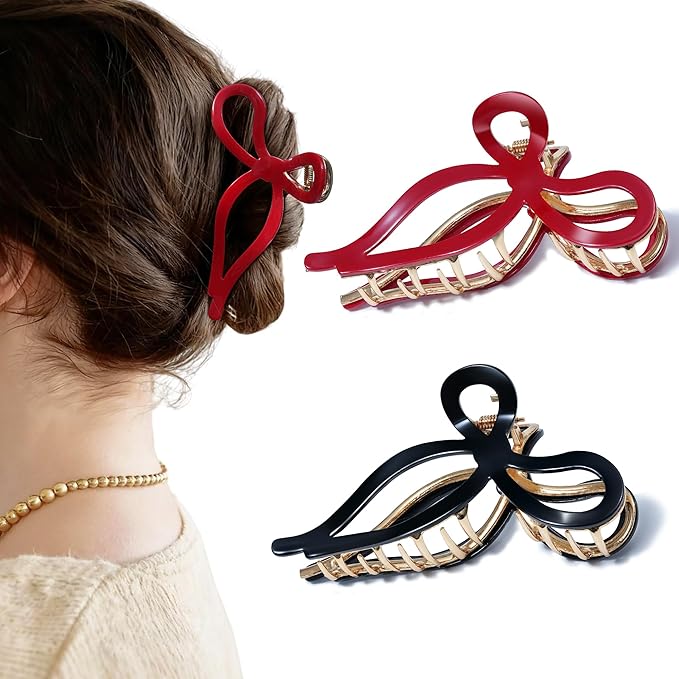 Mesovor 2 Pack Gold Metal Bow Hair Claw Clips, Nonslip 4.3" Large Hair Grip Hairclips for Thin and Thick | Acrylic Metal Strong Hold Claw Clip (Black, Red)