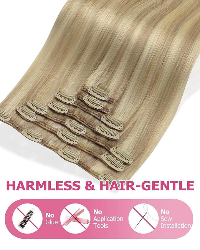 YoungSee 150G Blonde Clip in Hair Extensions Human Hair Highlight Clip in Hair Extensions Light Blonde Highlighted Golden Blond Clip ins Extensions Real Human Hair 22Inch 7Pcs
