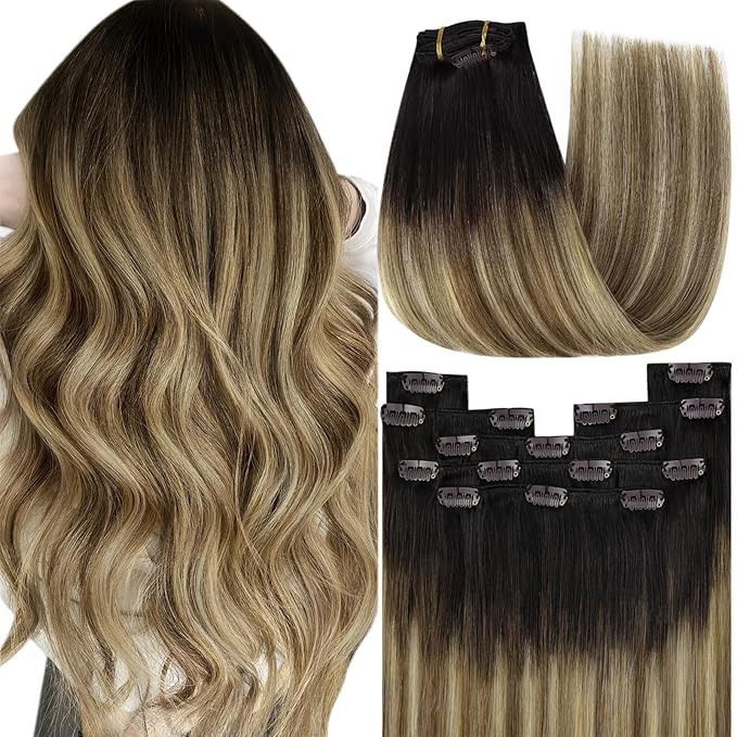 YoungSee Clip in Human Hair Extensions Balayage Clip in Hair Extensions Real Human Hair Dark Brown Roots Blending into Medium Brown with Warm Blonde Highlights Hair Extension Clip ins 120G 22In 7Pcs