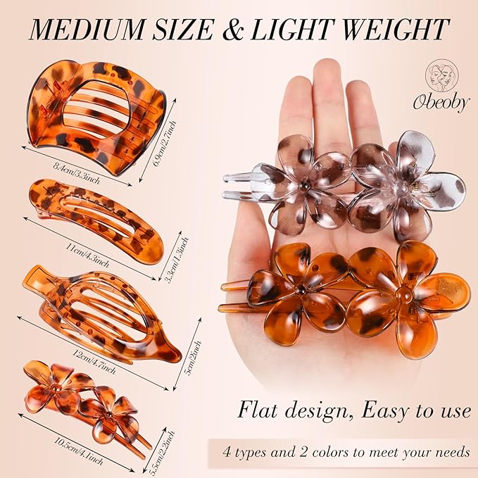 Obeoby 8 Pcs Flat Hair Clips for Women, 4 Types French Flat Claw Clips Hair Accessories Barrettes Large Medium (Tortoiseshell)