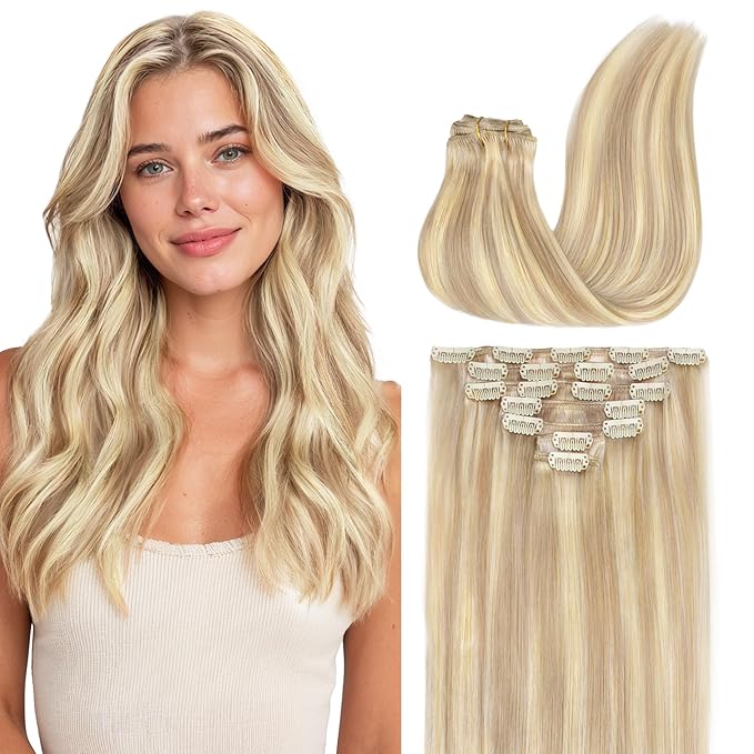 GOO GOO Clip in Hair Extensions Real Human Hair, Remy Human Hair Extensions Clip ins for Women, Natural Human Hair, 16inch 120g 7 Pcs, #18F/60A Balayage Light Wheat Platinum Blonde