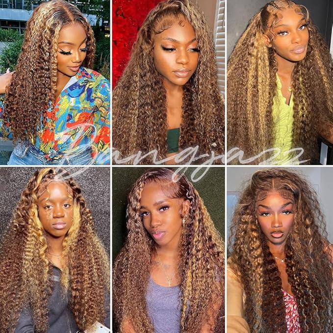 bangjazz 28 Inch Deep Wave Lace Front Wigs Human Hair 180% Density Highlight Ombre 13x4 Lace Frontal Wigs Human Hair HD Lace P4/27 Wigs for Black Women Human Hair Pre Plucked Curly Lace Front Wig