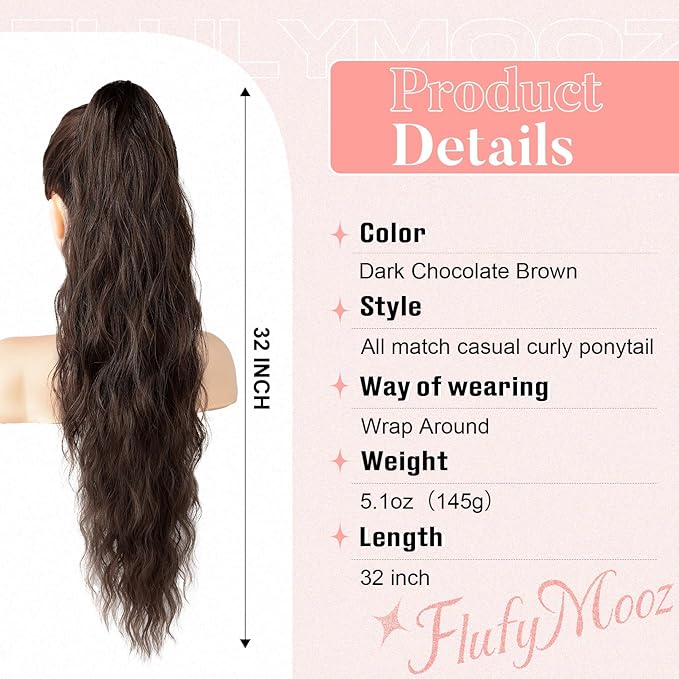 Flufymooz Ponytail Extension, Flexible Wrap Around Ponytail Extension Long Wavy Curly Ponytail Hair Extensions Natural pony tail Synthetic Hairpiece for Women 32 Inch (Dark Chocolate Brown)