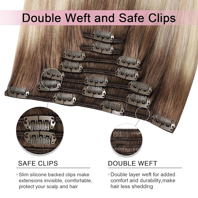 Pro2.0 Clip in Hair Extensions Real Human Hair 120g Thick 7pcs #8/60/18 Ash Brown to Ash Blonde Mix Platinum Remy Real Human Hair Extensions Clip ins 14inch Double Weft（#8/60/18-14inch）