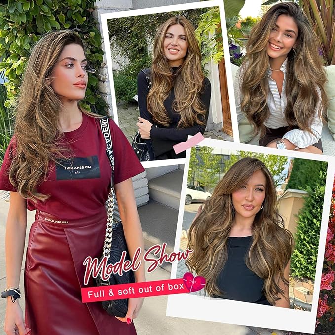 ALXNAN Long Wavy Hair Extensions for Women, Clip in Hair Extensions Clip Ins Soft Full Head Synthetic Hairpieces 20 Inch Balayage Chocolate Brown to Caramel Blonde