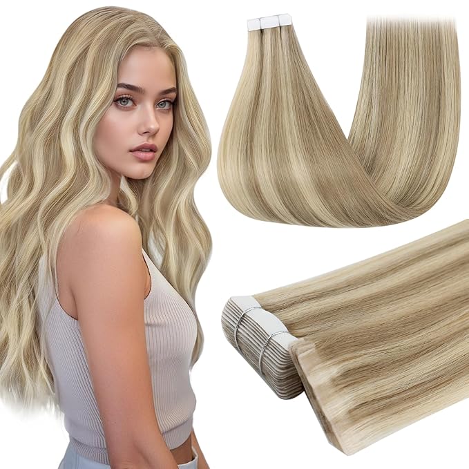 Full Shine Human Hair Tape in Extensions 22 Inch Color Golden Blonde Highlight Medium Blonde Double Sided Seamless Injected Tape in Hair Extensions Straight 50G Remy Silky Skin Weft 20Pcs Natural