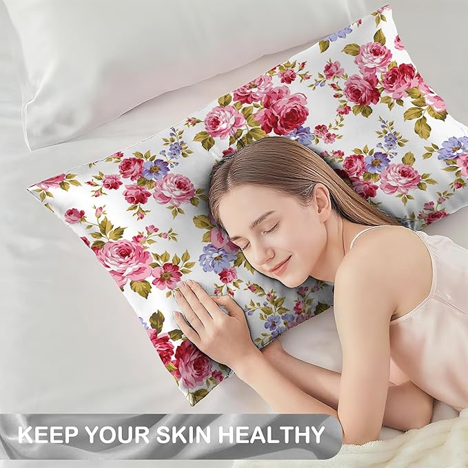 Satin Pillowcase 1 Pack-Rose Flower Floral Silky Pillow Cover for Hair and Skin,Standard Size 20x26 Inch Soft Cooling Printed Pillow Cases with Hidden Zipper,Gifts for Women Men