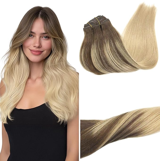 GOO GOO Clip in Hair Extensions Real Human Hair, Remy Human Hair Extensions Clip ins for Women, Natural Human Hair, 18inch 120g 7Pcs, 4/18 Balayage Chocolate Brown Highlighted Dirty Blonde