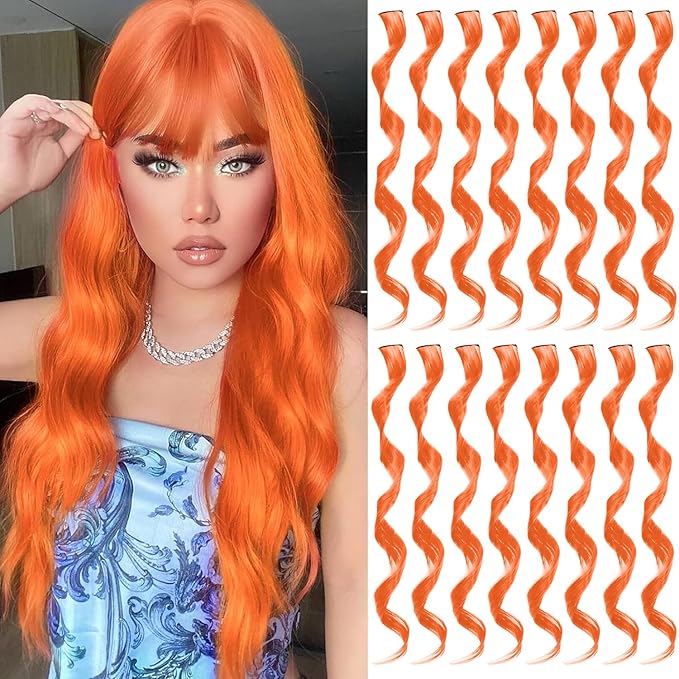 16 Pcs Colored Hair Extensions Curly Wavy Clip in Synthetic Hairpiece Streak for Girls Women Kids, Colorful Christmas New Year Party Highlights Cosplay Festival Gift(Orange)