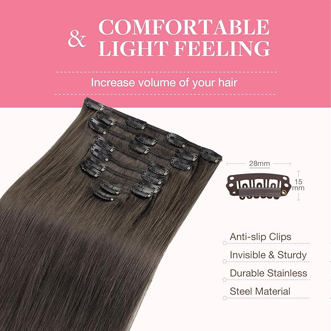 GOO GOO Clip in Hair Extensions Real Human Hair, Remy Human Hair Extensions Clip ins for Women, Natural Human Hair, 18inch 150g 9Pcs, 1C Mocha Brown