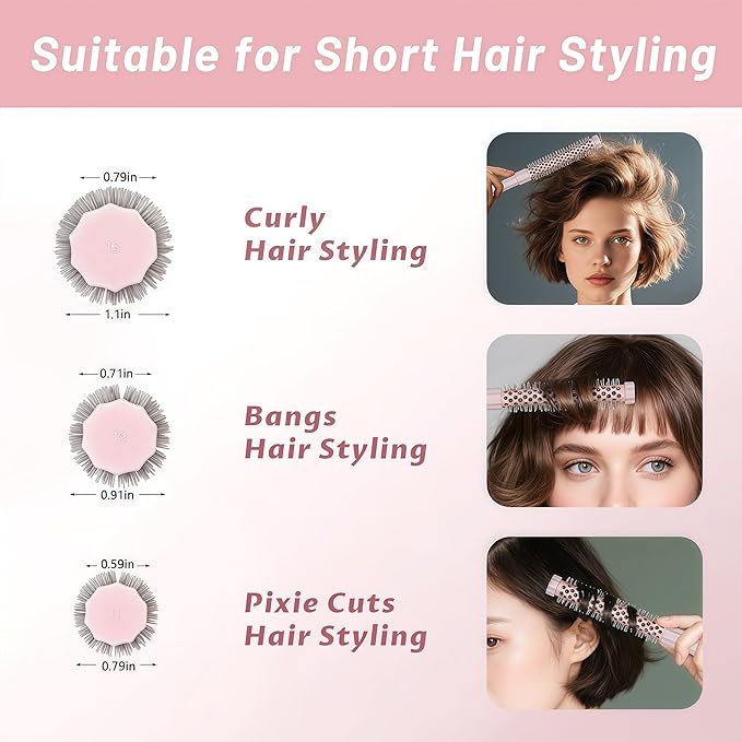 3pcs Small Round Hair Brush for Short Hair - Barrel Hair Brush for Blow Drying, Aluminum Round Brush for Bobs, Bangs, Lobs, Roots, Curling, Pixie Cuts, Straight Hair - Pink