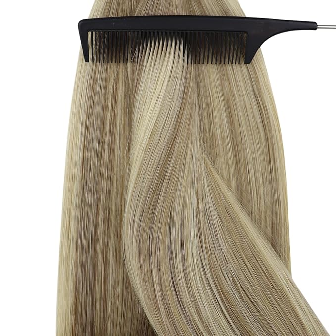 YoungSee Nano Beads Hair Extensions Human Hair Ombre Nano Extensions Human Hair Light Brown with Platinum Blonde Hair Nano-Tip Hair Extension 22inch Long Hair for Wedding 50g 50s