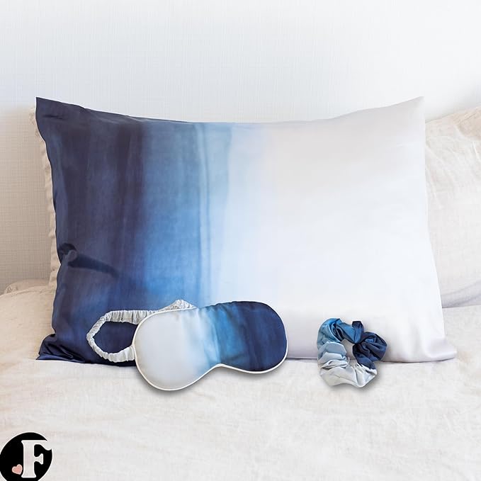 Fenrici Luxury Satin Pillowcase Gift Set – Includes Eye Mask & Scrunchie, Pure Vegan Silk for Hair & Skin Care, Elegant Blue Ombre Design, Standard Size, Gift for Mom, Daughter, Girlfriend!