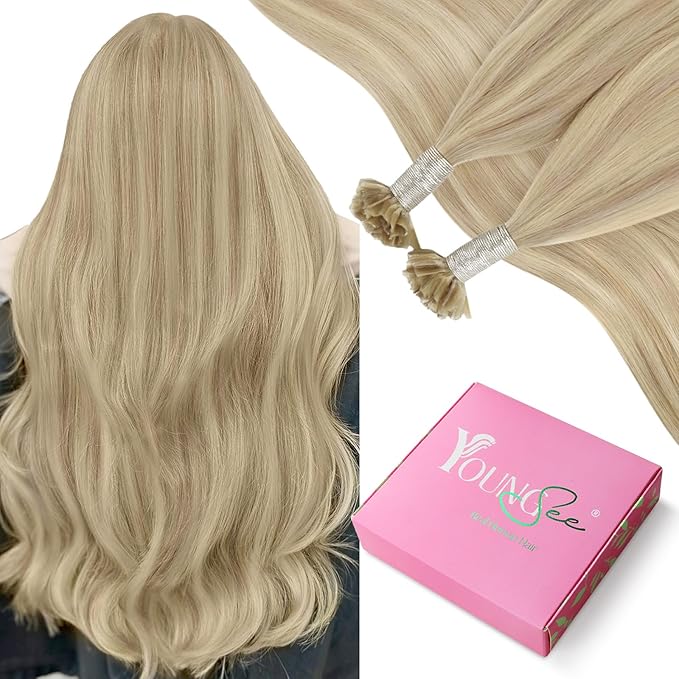 YoungSee U Tip Hair Extensions Human Hair Blonde Highlight Utip Hair Extensions Human Hair Ash Blonde with Platinum Blond Highlight Keratin Hair Extension Remy Hair Ktip Extension 22In 1G/S 50G