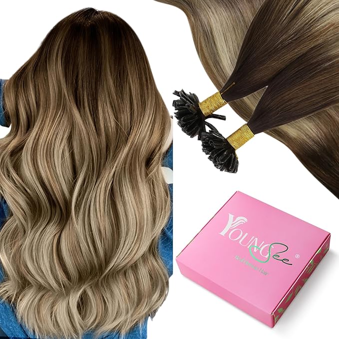 YoungSee Utip Hair Extensions Balayage U Tip Hair Extensions Real Human Hair Ombre Dark Brown to Brown with Blonde Silky Straight 16In 50s/50g