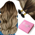 YoungSee Utip Hair Extensions Balayage U Tip Hair Extensions Real Human Hair Ombre Dark Brown to Brown with Blonde Silky Straight 16In 50s/50g