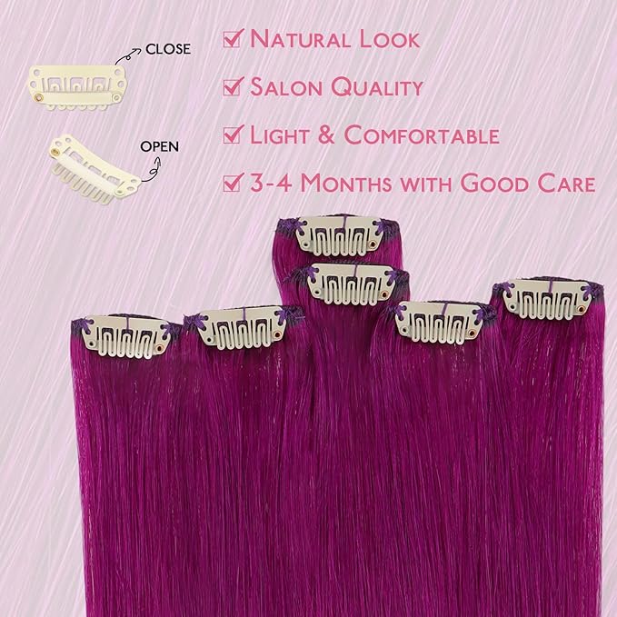 WENNALIFE Violet Clip in Hair Extensions Real Human Hair 35g 6pcs 18 Inch Colored Hair Extensions for Kids Women Colorful Hair Pieces Pop-up Style Straight Extensiones De Cabello Humano Con Clip