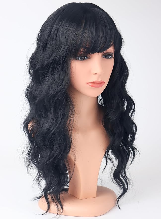 Black Wavy Wigs with Bangs for Women Glueless Black wigs Synthetic Long Black Wigs Natural Looking Heat Resistant for Daily Party Use 18 Inches