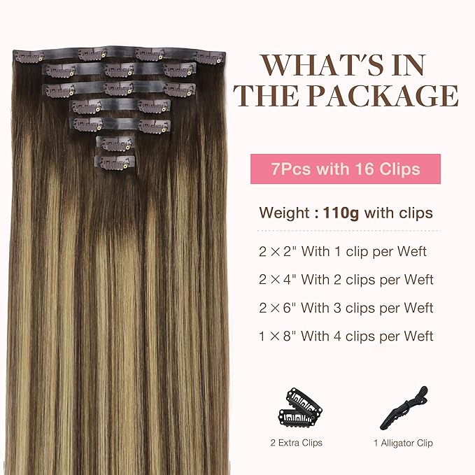 GOO GOO Clip in Hair Extensions Real Human Hair, Remy Human Hair Extensions Clip ins for Women, Natural Human Hair, 16inch 110g 7Pcs, 4/27/4 Balayage Chocolate Brown to Caramel Blonde