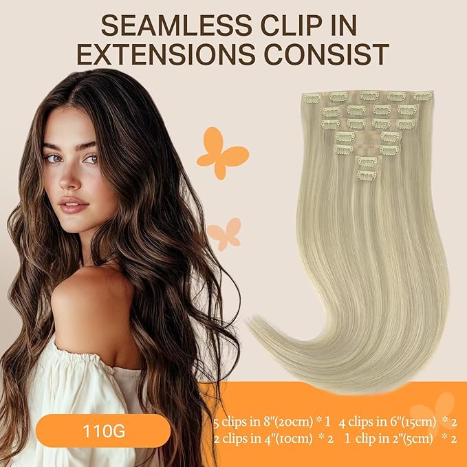 DOORES Human Hair Extensions - Ash Blonde Highlighted Platinum 120g 7pcs 24 Inch Seamless Clip in Straight Remy With Invisi Edge