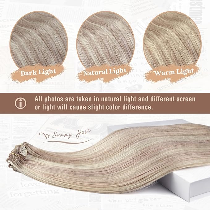 Ve Sunny Real Hair Extensions Clip in Human Hair Ash Blonde Highlight Bleach Blonde Real Human Hair Extensions Clip ins Long Straight Remy Hair Extensions Full Headed 22inch 120g 7pcs