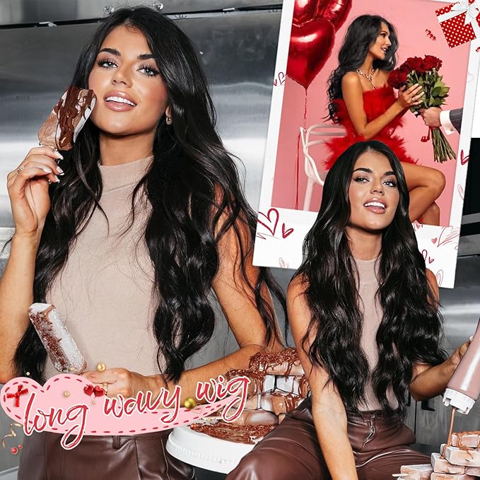 Black Wig for Women Long Wavy 4x1 Lace Natural Hairline Glueless for Beginners Middle Part Synthetic for Daily Party Use 30Inch