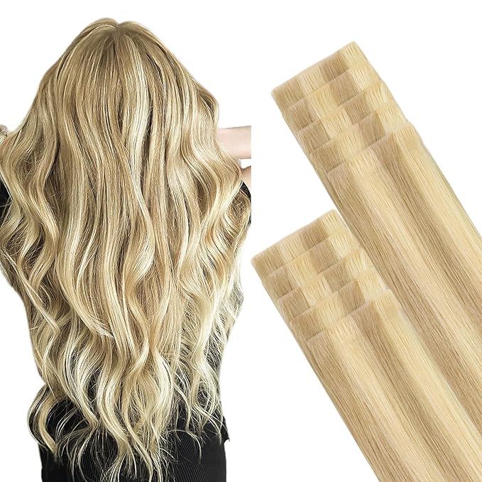 GOO GOO Invisi Edge Tape in Hair Extensions Human Hair, 18D/22F Dirty Blonde Highlights, 10pcs 20inch 30g, Virgin Remy Hair, Seamless Injected Tape, Natural Look