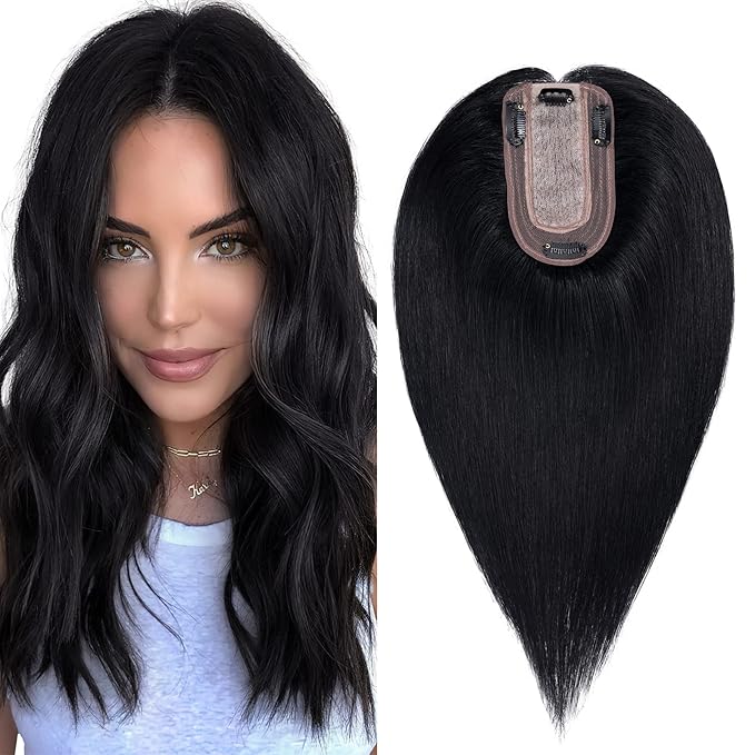 SEGO Real Human Hair Topper for Women, No Bangs Hair Topper with Anti-Slip Clips (12 Inches#1 Jet Black)