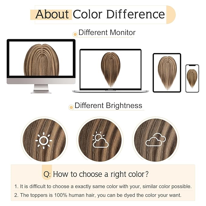 SEGO Human Hair Toppers for Women With Thinning Hair, 7 * 13CM Silk Base 100% Real Human Hair Clip in Top Wiglet Hairpieces /18 Inch No Bangs Medium Brown&Dark Blonde