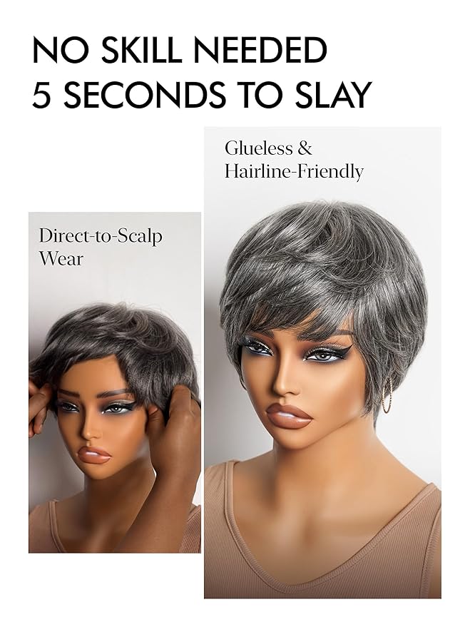 LUVME HAIR Ultra Comfort Salt & Pepper Gray Wigs Throw On & Go Short Pixie Cut with Bangs 5 Inches Skin Friendly Cotton Cap 100% Real Human Hair Glueless Wig Glueless Wig Hair Full Machine Made