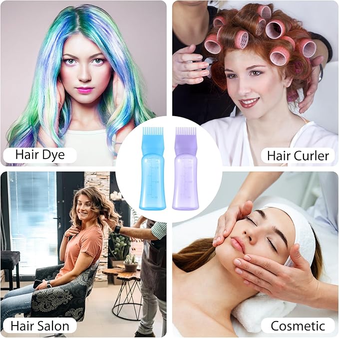 Root Comb Applicator Bottle 6 OZ, Hair Oil Applicator Bottles for Scalp with Massage Comb, 2 Pack Hair Dye Applicator with Graduated Scale (Purple, Blue)