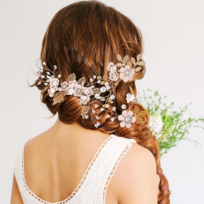 Wedding Flower Hair Accessories for Women: 4pcs Leaf and Flower Hair Combs for Women Accessories - Crystal Pearl Wedding Flower Clips Headpiece for Brides Bridesmaids Girls Updo (Pink)