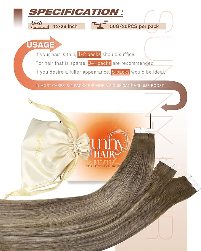 Sunny Hair Tape in Hair Extensions Human Hair 24 Inch Hair Extensions Real Human Hair Tape in Extensions for Women Cool Brown to Light Brown Balayage Blonde Invisible Remy Hair Skin Weft 20Pcs 50g