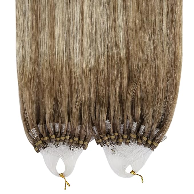 YoungSee Microlink Hair Extensions Human Hair Ombre Nicro Bead Hair Extensions Real Human Hair Brown with Blonde Balayage Micro Ring Human Hair Extensios 14In 50s 50g Pre Bonded Hair for Short Hair