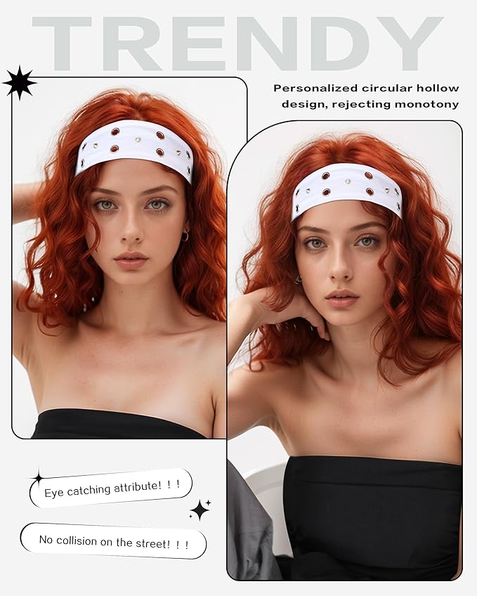 Grommet Headband for Women, White Triangle Studs 23cm Hollow Out Elastic Hair Band, Eyelets Punk Grunge Stylish Hairband