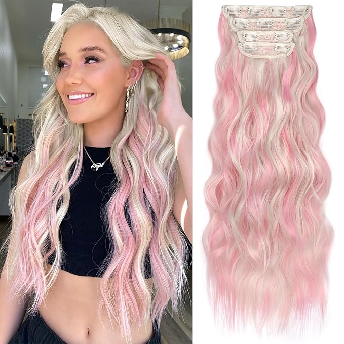 KooKaStyle Clip in Hair Extensions 4PCS Long Wavy Natural & Soft Hairpieces for Women 24 Inch for Women(Blonde with Pink Highlight)