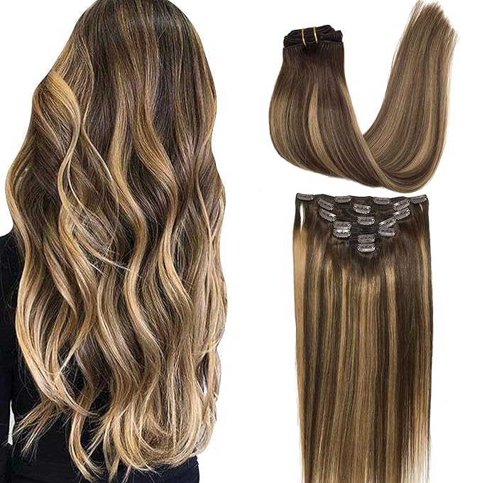 GOO GOO Clip in Hair Extensions Real Human Hair, Remy Human Hair Extensions Clip ins for Women, Natural Human Hair, 20inch 120g 7Pcs, 4/27/4 Balayage Chocolate Brown to Caramel Blonde