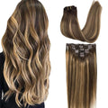 GOO GOO Clip in Hair Extensions Real Human Hair, Remy Human Hair Extensions Clip ins for Women, Natural Human Hair, 20inch 120g 7Pcs, 4/27/4 Balayage Chocolate Brown to Caramel Blonde