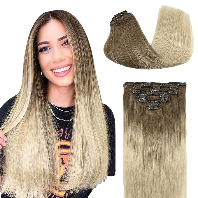 GOO GOO Clip in Hair Extensions Real Human Hair, Remy Human Hair Extensions Clip ins for Women, Natural Human Hair, 22inch 120g 7Pcs, 9/60 Balayage Ash Brown to Platinum Blonde