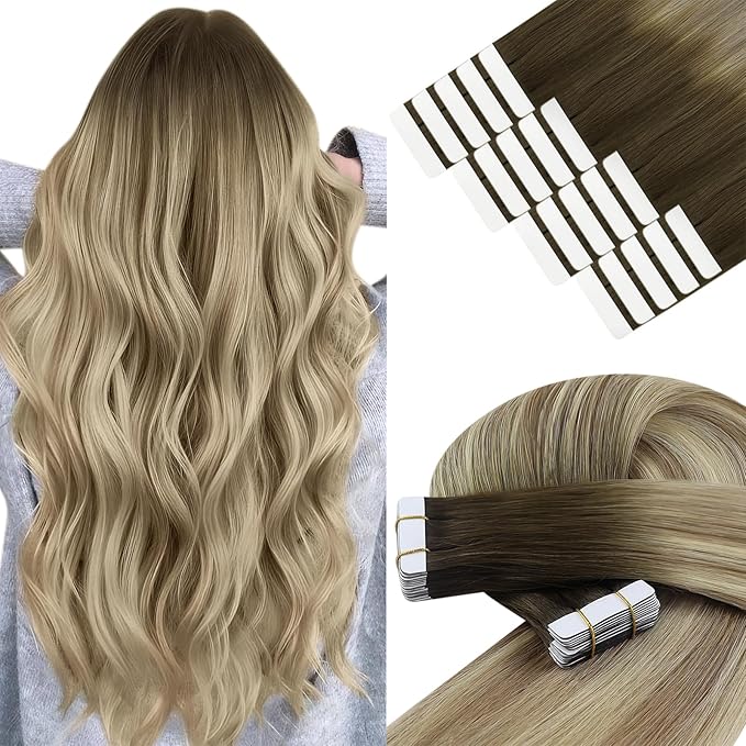 YoungSee Human Hair Tape in Extensions Brown Balayage Tape in Hair Extensions Real Human Hair Brown Ombre Blonde with Medium Brown Tapes Human Hair Extension Silky Straight 20 Inch 20pcs 50g
