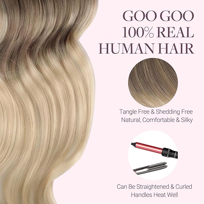 GOO GOO Tape in Hair Extensions Human Hair, 9/18J/60 Chocolate Brown to Champagne Blonde Balayage, 14inch 50g 20pcs, Skin Weft Seamless Invisible, Silky Straight with Thick Ends, Remy Human Hair
