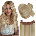 RUNATURE Invisible Wire Hair Extensions, Blonde Human Hair Extensions, Soft Remy Hair, Fish Line Natural Extensions for Women, Add Hair Volume, 14 Inch 70g #18p613 Ash Blonde Highlights