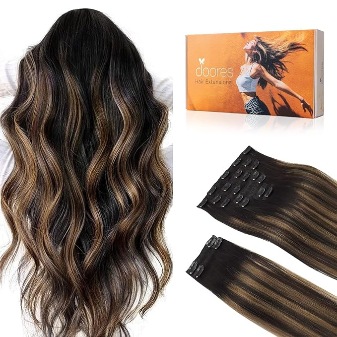 DOORES Hair Extensions Clip in Human Hair, Balayage Natural Black to Chestnut Brown 22 Inch 150g 9pcs, Human Hair Extensions Clip ins Remy Hair Extensions Clip in Human Hair Silky Straight Hair