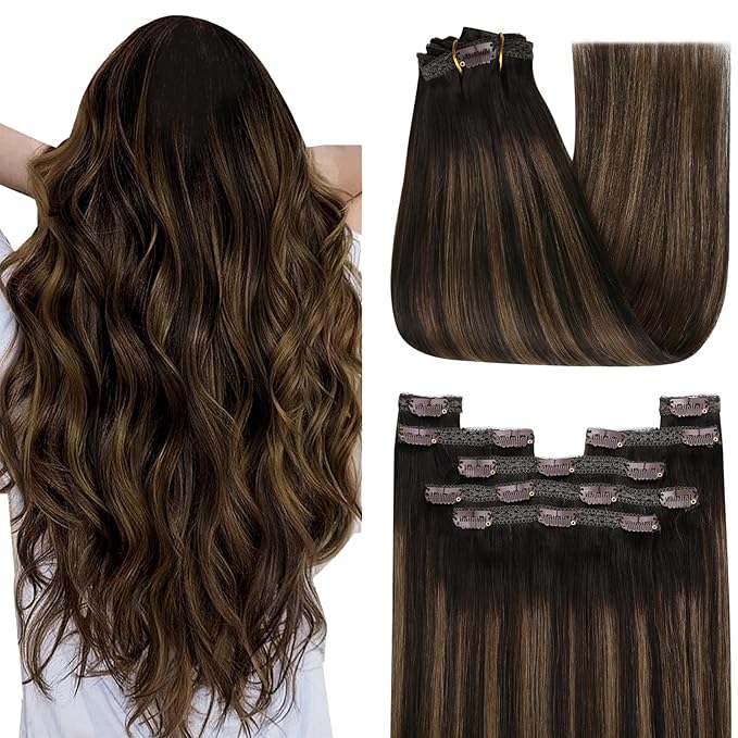 YoungSee Balayage Clip in Hair Extensions Dark Brown Real Hair Extensions Clip in Human Hair Dark Roots to Medium Brown Balayage Human Hair Extension Clip ins for Thin Hair 20In 120G