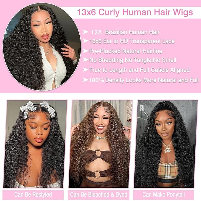 BVLBVL 24 Inch 13x6 Deep Wave Lace Front Wigs Human Hair 180 Density Curly Human Hair Wig HD Lace Frontal Wig Pre Plucked, Real Human Hair No Synthetic Blend No Tangle No Shedding Triple Lifespan 3X