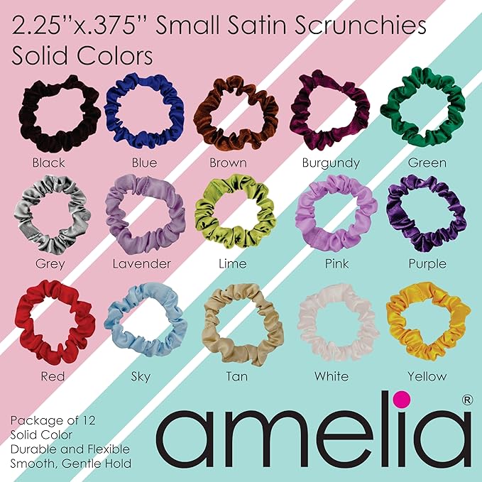 Amelia Beauty, White Satin Small Scrunchies, 12-Pack – No Damage Hair Ties for Women, Gentle & Durable Hair Accessories, 2.5in x 0.5in