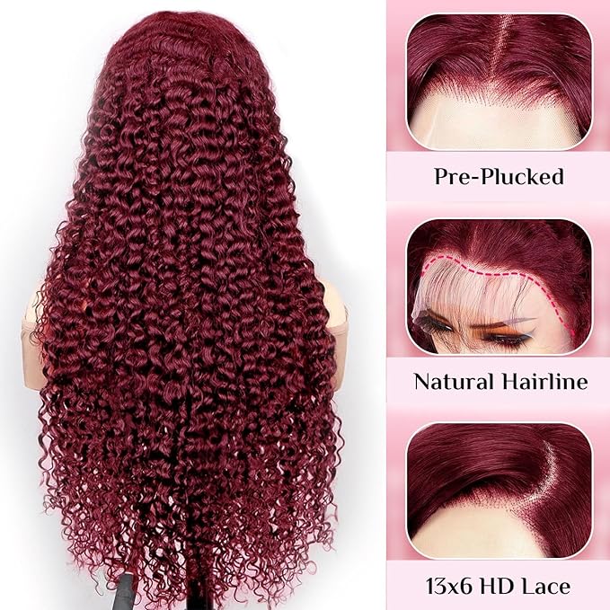 BVLBVL Burgundy Wig Human Hair 30 Inch 99j 13x6 HD Lace Front Wigs Human Hair 250 Density Deep Wave Human Hair Wig Pre Plucked Wet And Wavy No Tangle No Shedding Triple Lifespan 3x