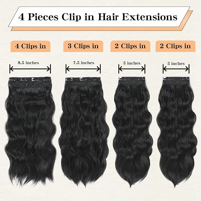 Clip in Hair Extensions, 20 Inch Black Wavy Hair Extensions Clip Ins for Women (4PCS Curly)