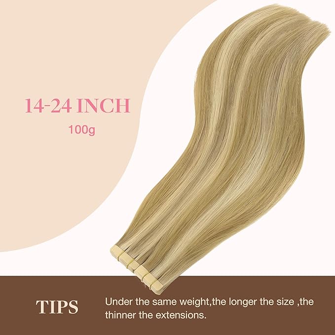 GOO GOO Tape in Hair Extensions Human Hair, 16/22 Light Blonde Highlighted Golden Blonde, 26inch 120g 40pcs, Skin Weft Seamless Invisible, Silky Straight with Thick Ends, Remy Human Hair